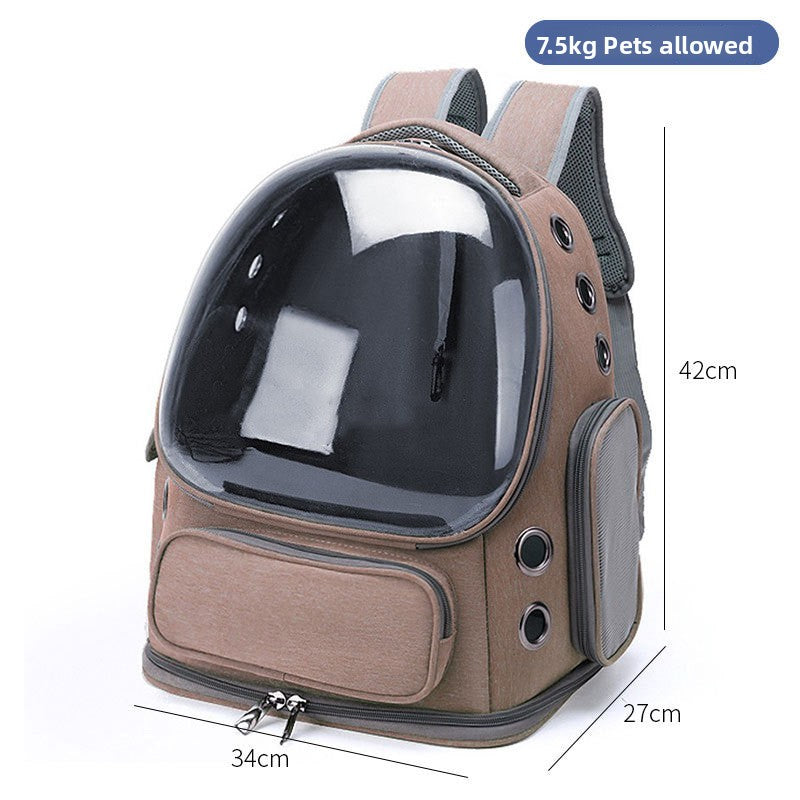 Brown pet carrier backpack with size lines of 34 by 27 by 42 cm and a 7.5 kg pets label