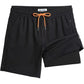 Solid black quick-dry swim trunks with orange drawstring and zip pocket