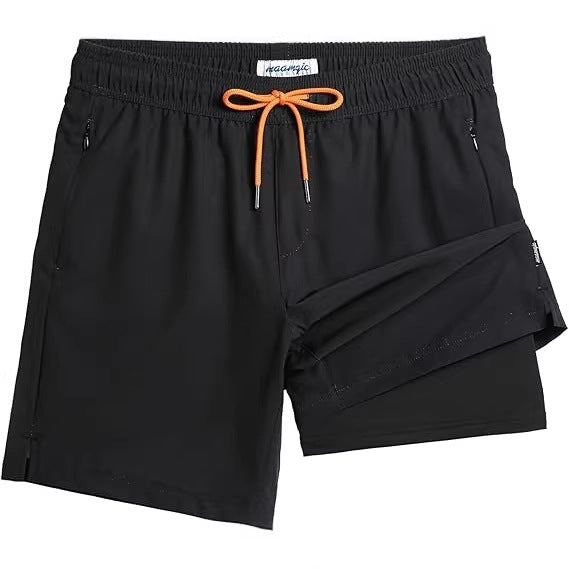 Solid black quick-dry swim trunks with orange drawstring and zip pocket