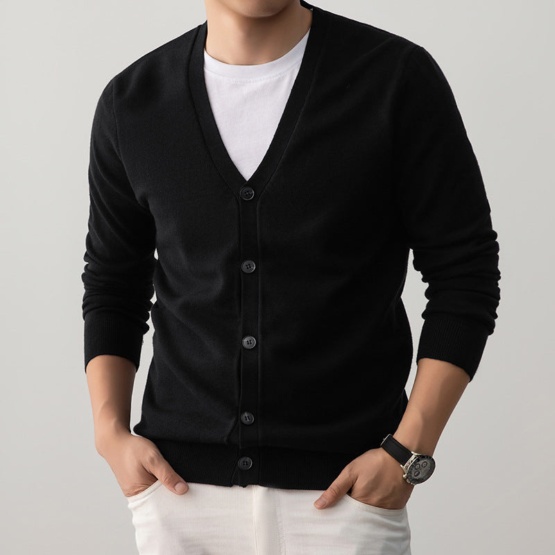 Ribbed cuff detail on the long sleeve of the mens knit cardigan