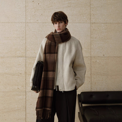 Men's brushed wool blend stand collar zip jacket with a full front zip and ribbed cuffs, in off white or dark grey