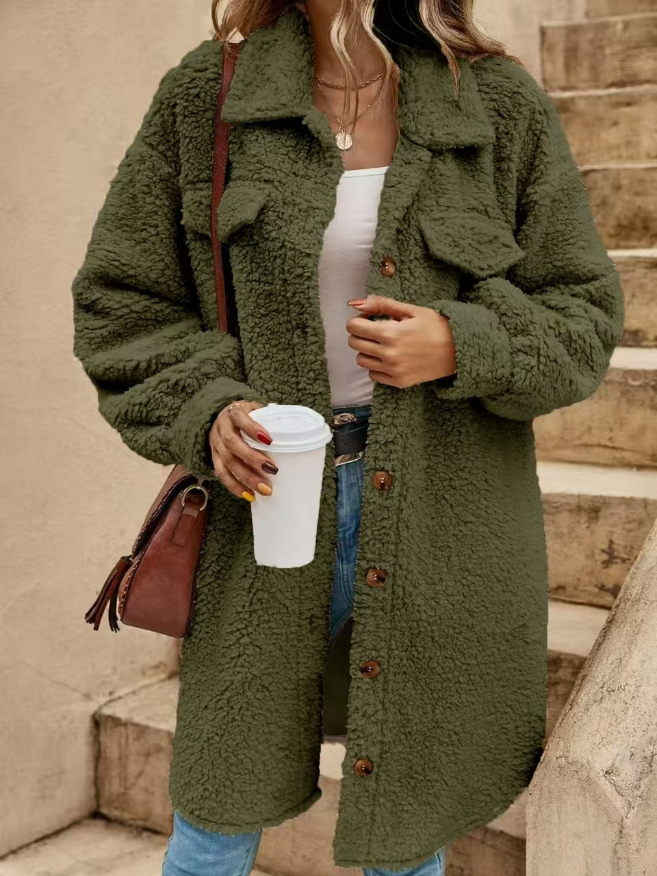 Womens plush fleece button front long coat in milky white, shirt collar detail