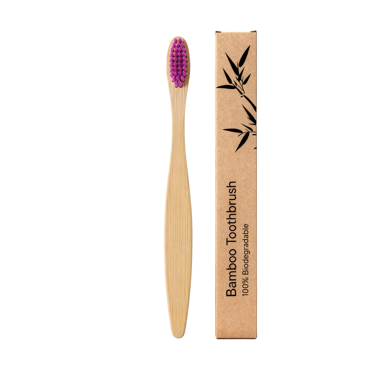 Pink bristle bamboo toothbrush shown against a soft background