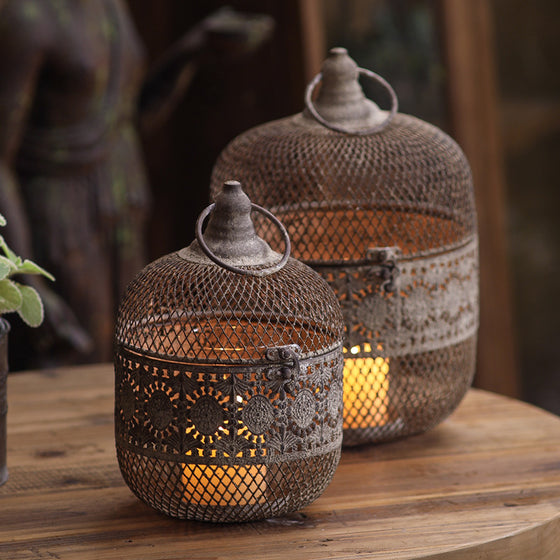 Vintage Iron Birdcage Candle Holder with Ring Handle and Pierced Band