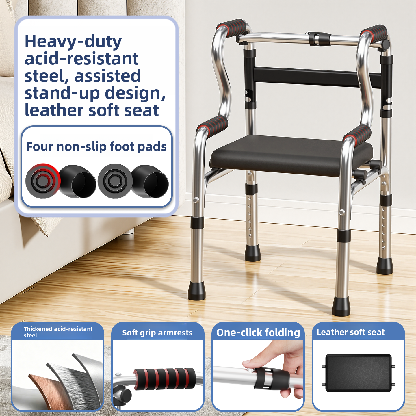 Acid resistant steel walking frame, assist to stand build with padded black seat