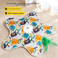 Graffiti print star cat teaser mat on carpet with printed notes on three speeds and 60 cm diameter