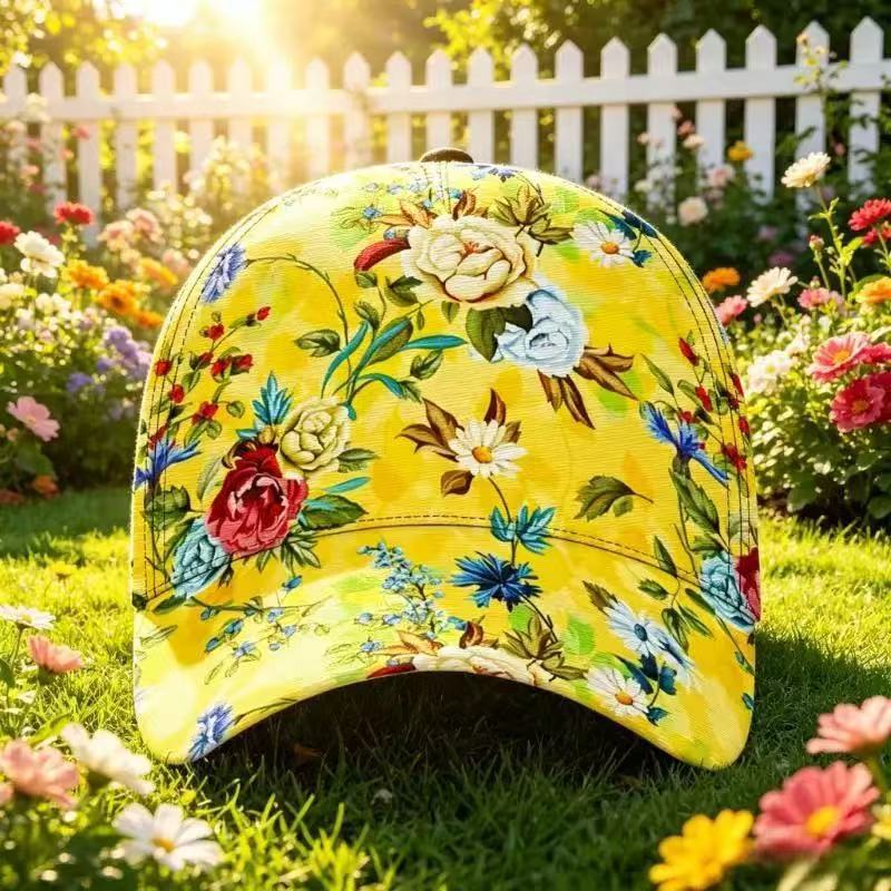 Floral pattern cap with a rounded dome crown and a stitched curved peak