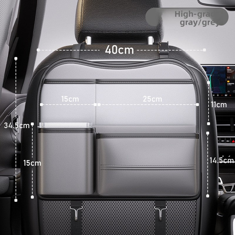 Car seat back organizer mounted on the headrest posts seen from the back seat