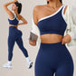 Navy blue one shoulder yoga set with white trim, crop sports bra and high waist leggings