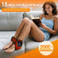 Ankle heating wrap worn on a sofa, with a printed fifteen minute timer callout