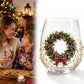 Clear borosilicate Christmas glass cup with a raised painted 3D wreath holiday motif