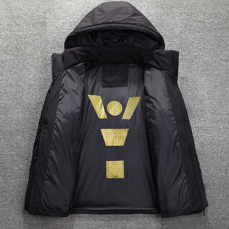 Open black puffer jacket from behind showing the black lining and a gold printed pictogram on the inner back panel