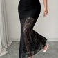 Sheer floral lace hem of the black mermaid maxi skirt