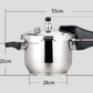Stainless steel pressure cooker shown in a kitchen lifestyle setting
