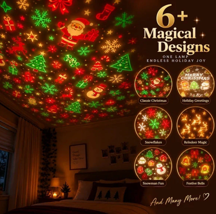 Red and green Christmas projection patterns of trees, snowflakes, Santa and stockings across a bedroom ceiling