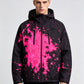 Man wearing the black hooded jacket with a magenta splash ink print, option photo for size 2XL