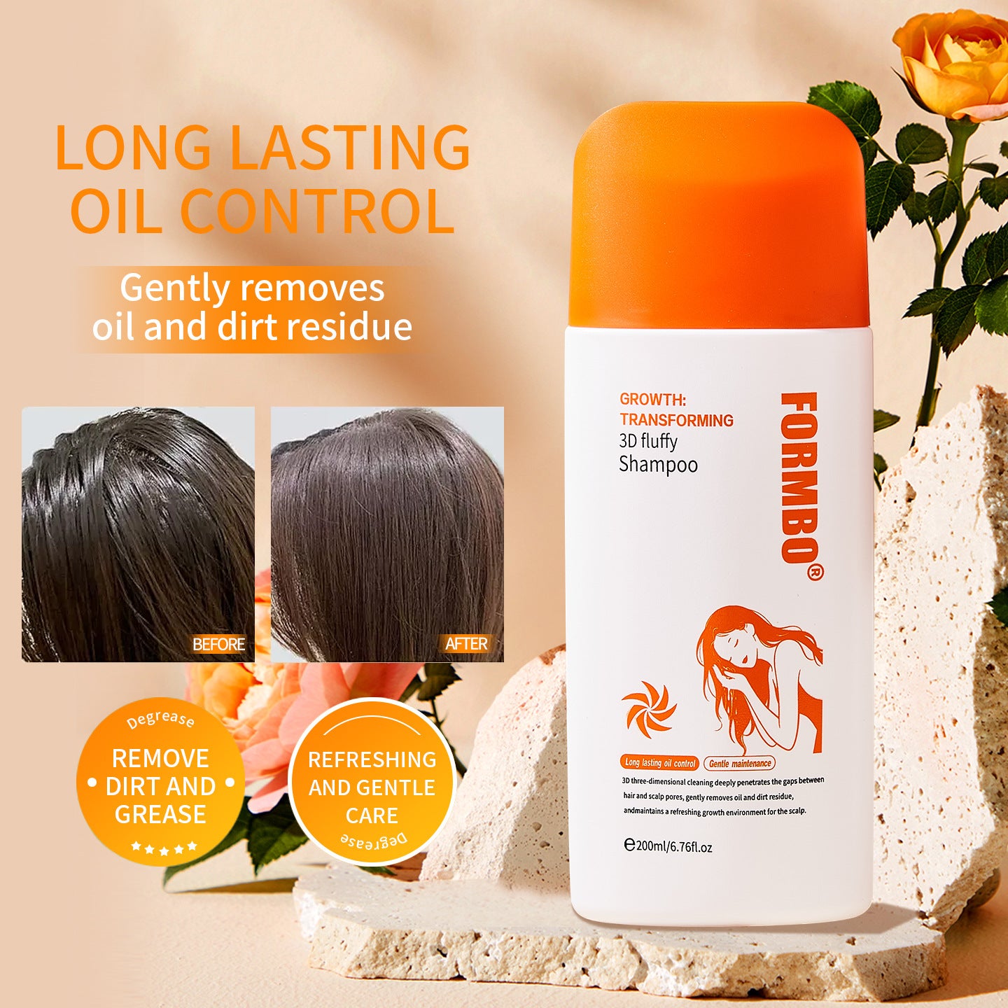White shampoo bottle with orange cap standing on a soft background beside a fresh rose stem