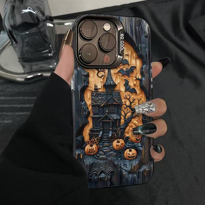 Halloween printed TPU iPhone case with a black electroplated camera frame, held in a hand