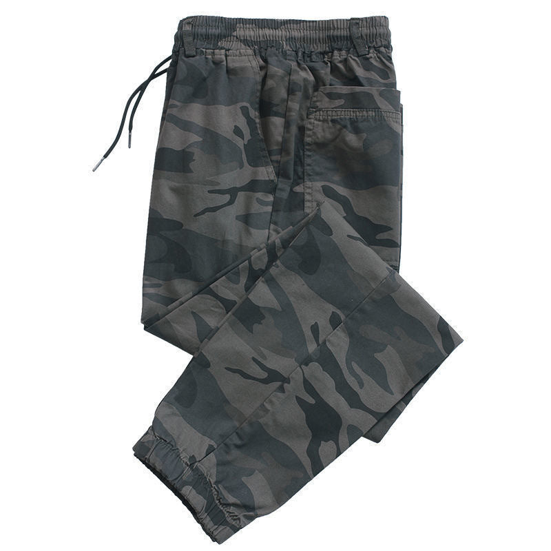 Lightweight polyester camo cargo pants with a drawstring waist in a camouflage colorway