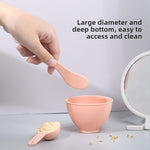 Pink DIY face mask mixing bowl set with flexible bowl spatula and scoop layout