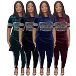 Velvet rhinestone two piece set shown in green, black, navy and wine red on models, front