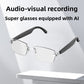 Person wearing open ear AI audio Bluetooth glasses outdoors