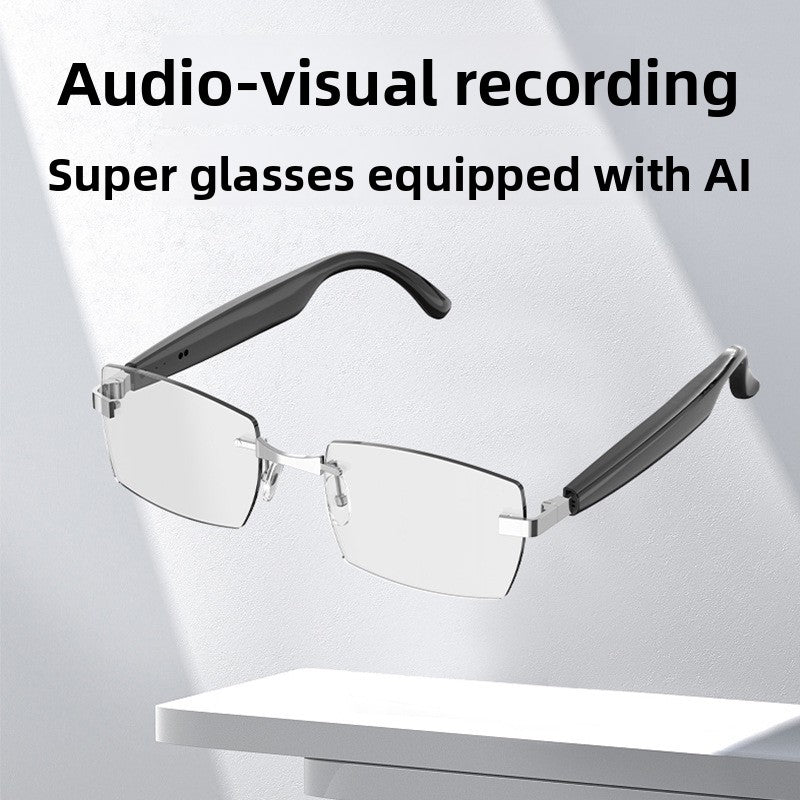 Person wearing open ear AI audio Bluetooth glasses outdoors