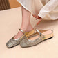 Gold metallic woven openwork Mary Jane mule with a gold tone ball button, option Gold size 35