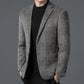 Mens checkered wool blend two button blazer in coffee, glen check fabric close up