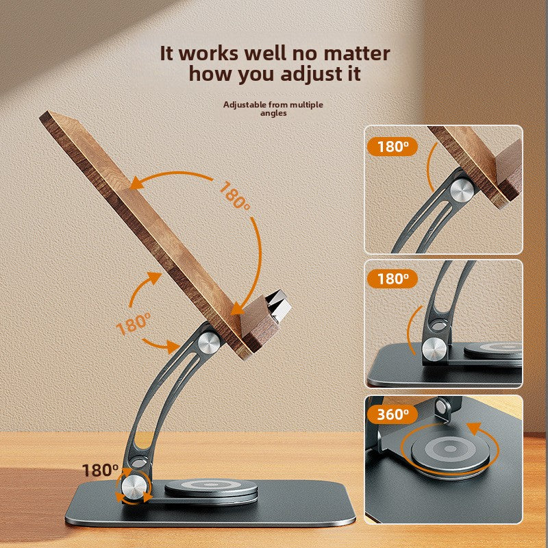 Reading stand on a desk with callouts for 180 degree hinge angles and a 360 degree swivel base