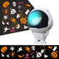 White astronaut LED pattern projector casting orange Halloween shapes and a teal glow