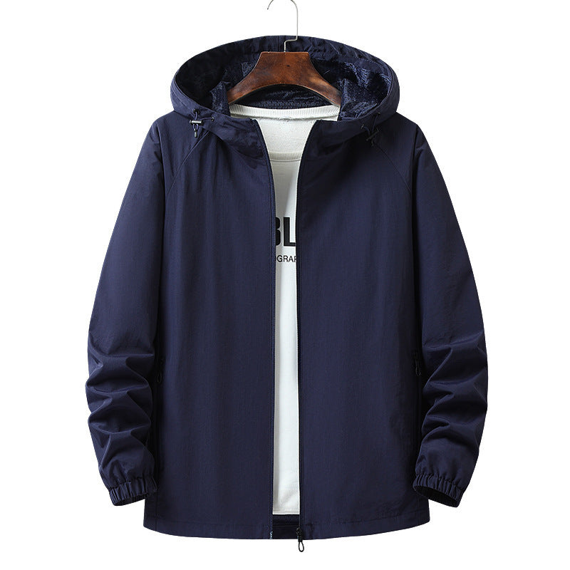 Dark blue nylon hooded shell jacket open to show mesh lining
