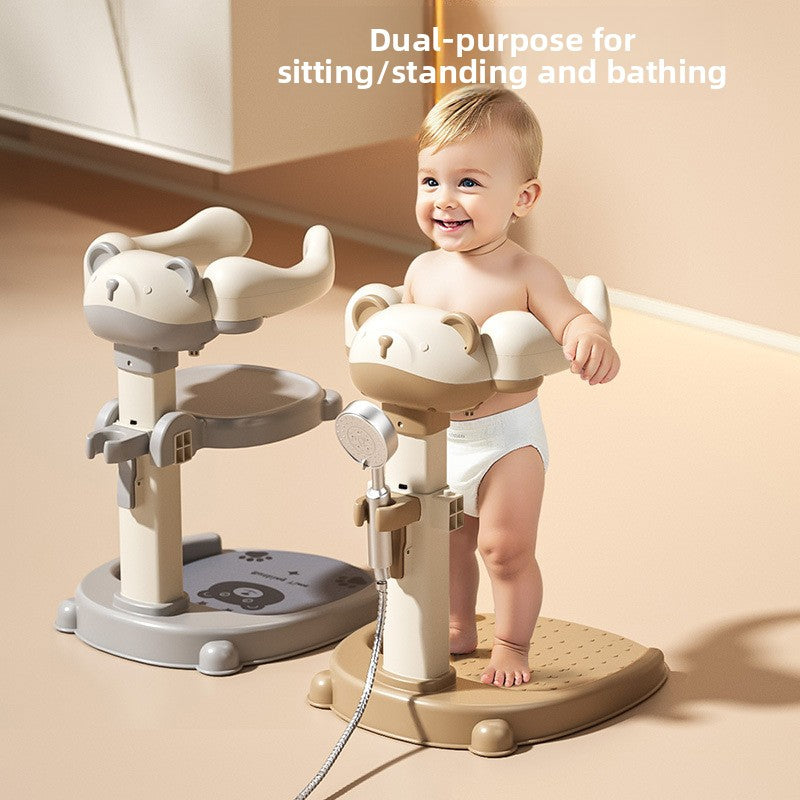Bear-shaped baby standing bath support with armrest, pole and non-slip base tray