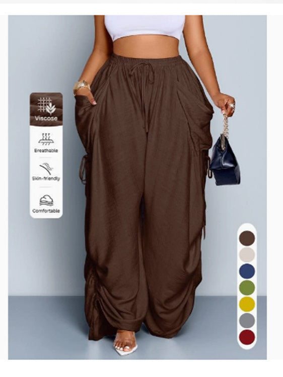 High waist wide leg linen look viscose drawstring trousers, full length view of the wide relaxed leg
