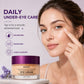 Woman touching the skin under her eye beside a purple lidded jar of peach eye cream with a daily care graphic