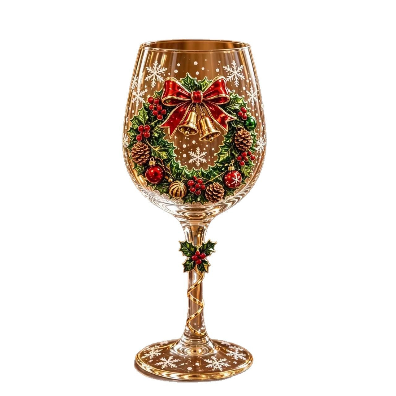 Stemmed Christmas wine goblet showing the gold spiral and holly berry stem accent