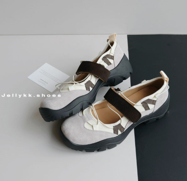 Greige platform slip-on shoes with cream panels, a dark brown strap and a black lug sole, EU size 39 option