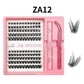 Lash cluster style ZA12 in a 10 row tray with dual-ended glue pen, tweezers and a close-up of the cluster shape