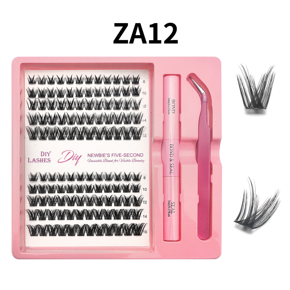 Lash cluster style ZA12 in a 10 row tray with dual-ended glue pen, tweezers and a close-up of the cluster shape