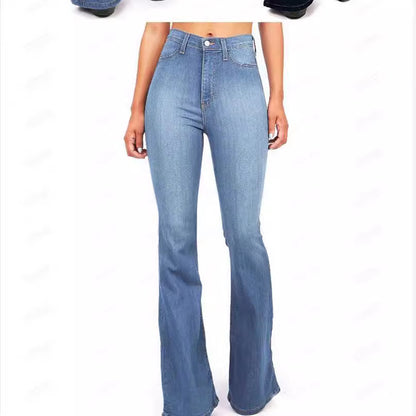 Womens high waisted bootcut jeans in light blue denim shown on a model from the waist