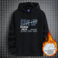 Black fleece-lined hooded sweatshirt with a NEVER GIVE UP graphic and front pocket, size L option