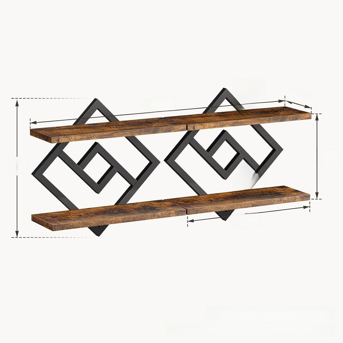 Two-piece wall shelf set with brown wooden boards on black geometric iron frames, brown option, with dimension lines