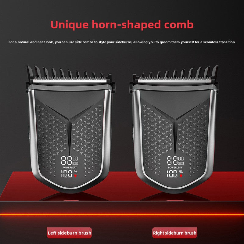 Two compact hair clippers with left and right sideburn limit combs fitted and an LED display showing 100 percent