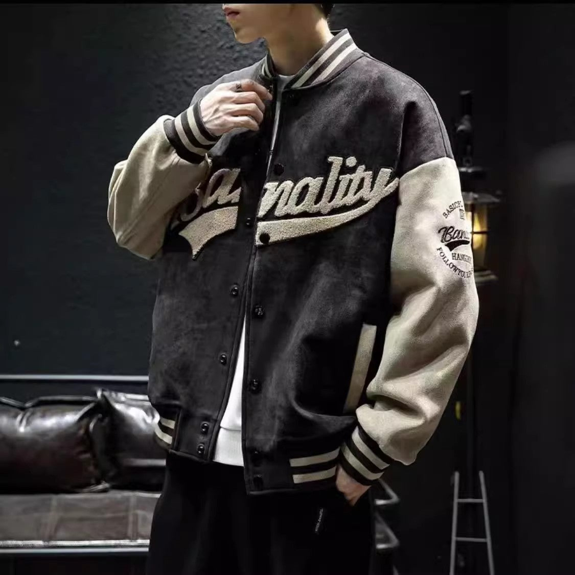 Black with Cream Sleeves baseball jacket with raised script lettering, size M option