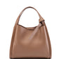 Khaki cowhide bucket bag front view with rolled top handle and leather tab