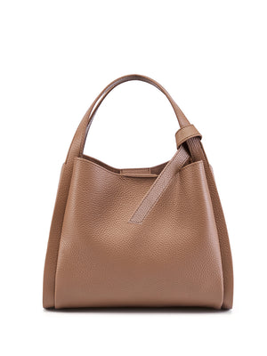 Khaki cowhide bucket bag front view with rolled top handle and leather tab