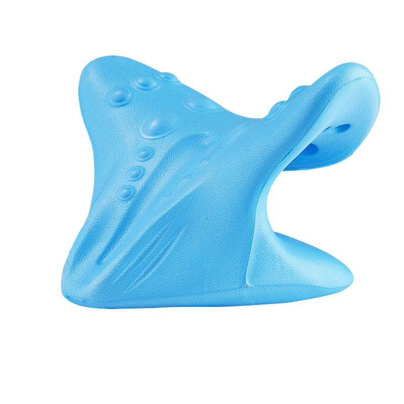 Blue moulded EVA neck rest with raised bumps and a curved wing, three quarter view