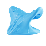 Blue moulded EVA neck rest with raised bumps and a curved wing, three quarter view