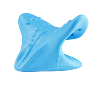Blue moulded EVA neck rest with raised bumps and a curved wing, three quarter view