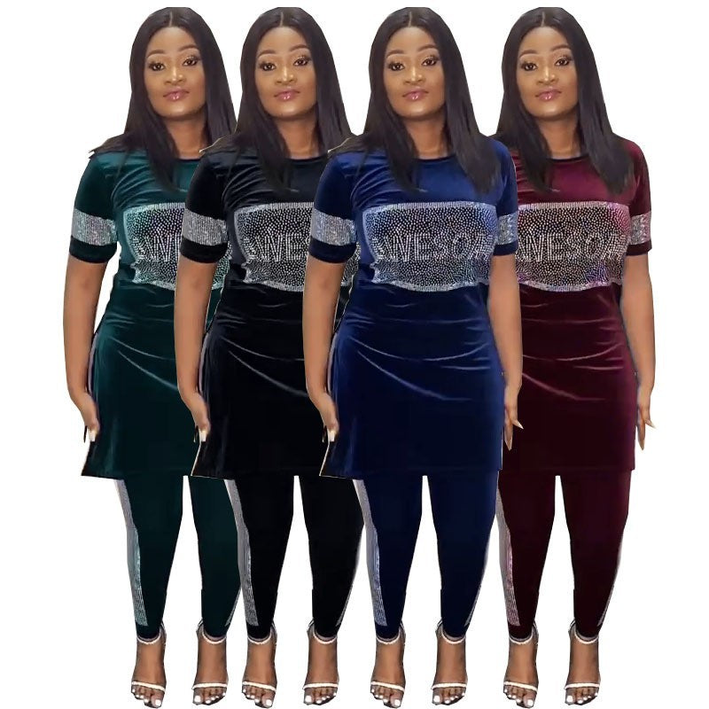 Velvet rhinestone two piece set in green, black, navy and wine red lined up on models